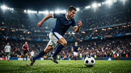 Naklejka premium A professional football player running with the ball on the pitch of a packed stadium at night during an important match.