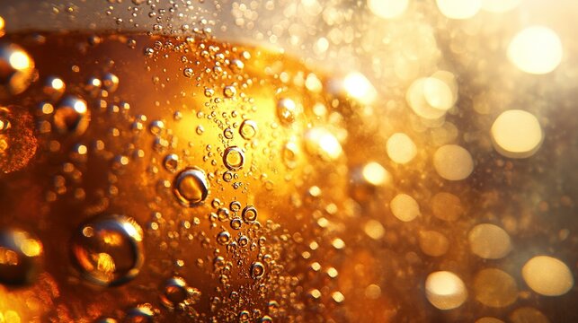 Warm Backlit Golden Beer Bubbles Abstract Macro, Carbonation Texture No Copy Space