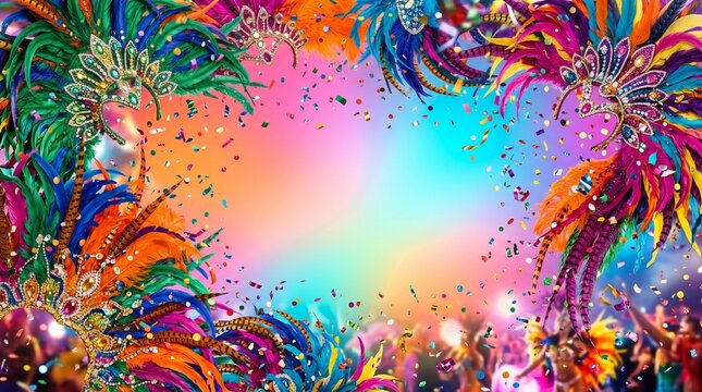 Karnaval Rio de Janeiro, colorful samba-inspired feather arrangement and confetti explosion on bright gradient background