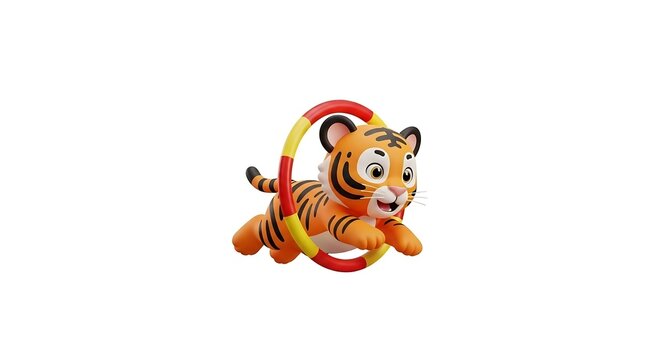 Playful cartoon tiger cub jumping through a circus hoop