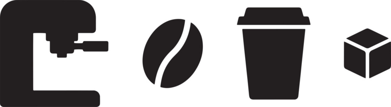 Black coffee icons set including espresso maker coffee bean disposable cup and sugar cube.
