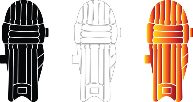 Cricket batting pads vector set with solid silhouette, outline, and gradient on transparent background