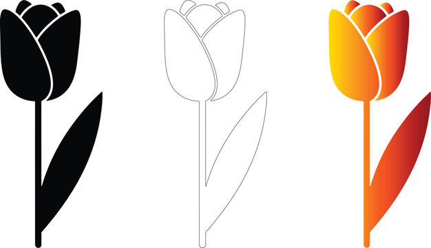 Tulip flower vector icon set with black silhouette outline and orange gradient design