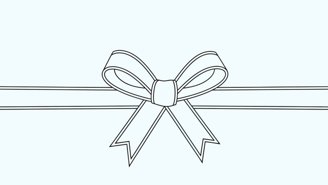 A simple black outline of a bow and ribbon across a light blue background