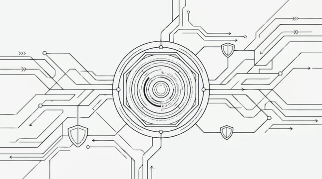 Abstract futuristic digital network connection with security shields.