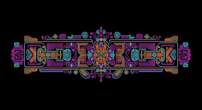 Neon style geometric pattern inspired by ancient aztec and mayan art