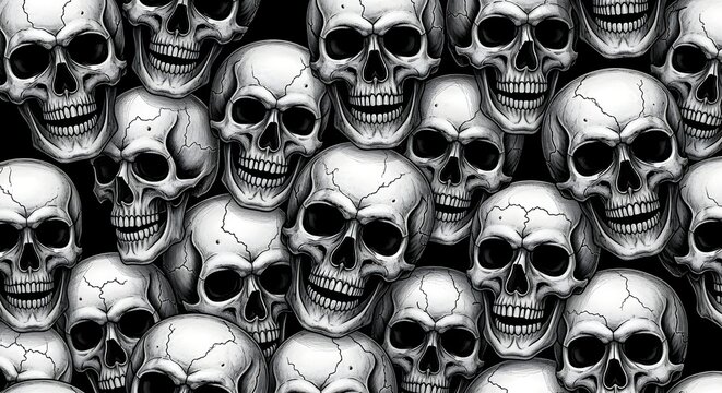 Seamless pattern of realistic human skulls on black background