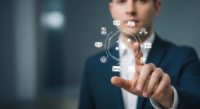Businessman interacts with a digital interface featuring various communication icons while standing in a modern office environment during a professional workday to demonstrate advanced technology.