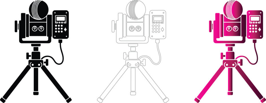 Cricket bowling machine tripod icon set with silhouette, outline, pink gradient, transparent