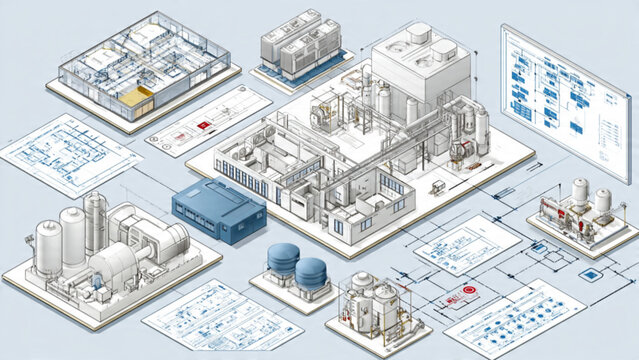 Detailed 3D technical schematic of industrial plant and building systems with blueprint visuals and structural elements