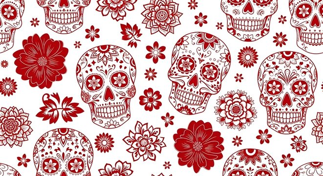 Seamless pattern of sugar skulls and flowers in red line art on a white background