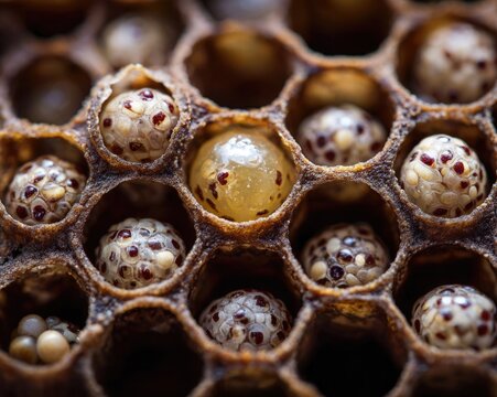 A macro shot of bee eggs and larvae in open cells, royal jelly visible, beginning of life, beekeeping science