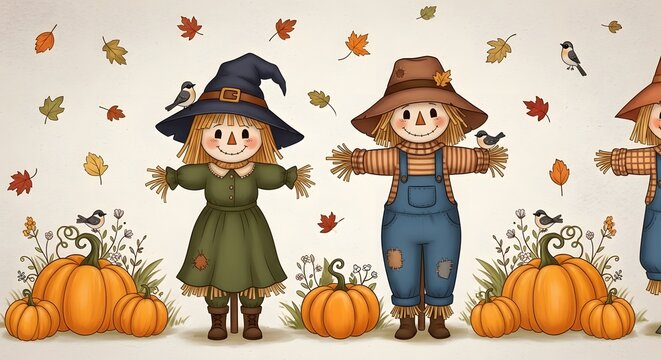 Cute scarecrow couple with pumpkins and autumn leaves