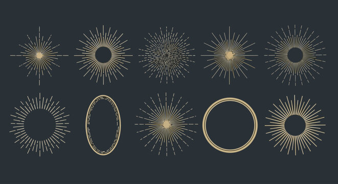 Vintage sunburst collection with 10 golden starburst elements, retro radial light rays and sunbeam frames, elegant gold line art vector set