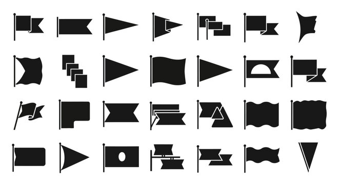 Minimalist black flag icons set, 28 flat pennant and banner vector symbols, solid silhouette flag shapes for maps and navigation UI