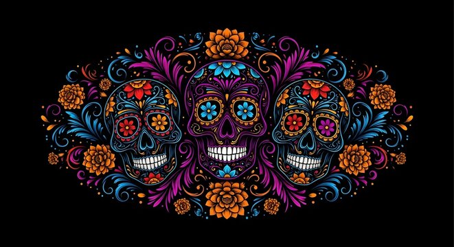 Colorful sugar skulls with floral patterns for day of the dead