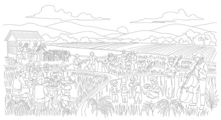 Obraz premium Community Gathering in Rural Rice Fields Coloring Page