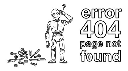 A broken robot stands puzzled beside scattered tools with an error 404 illustration © ade