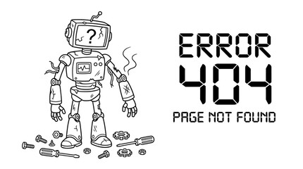 A broken robot illustration stands amidst scattered parts with an error message © ade