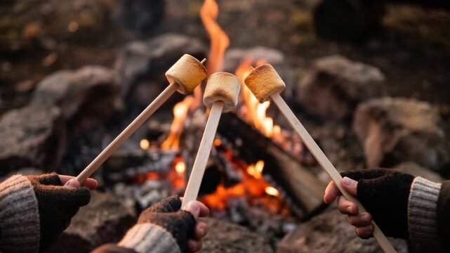 Marshmallows roasting over an open campfire, glowing embers beneath, golden flames flickering warmly, capturing the cozy outdoor atmosphere, 4K video