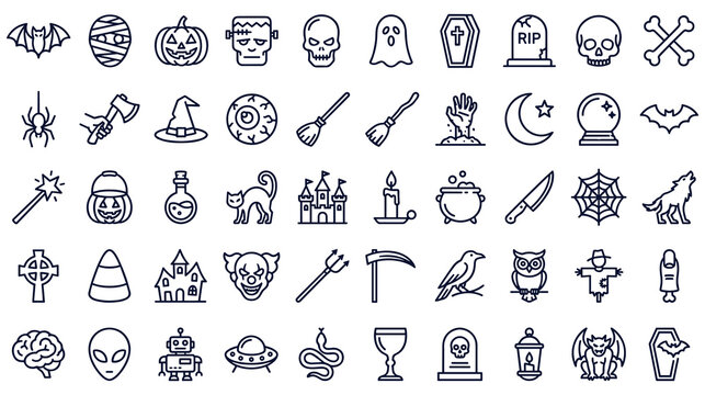 Set of halloween line icons isolated on white background spooky symbols.