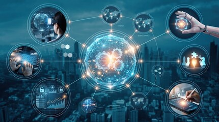 Fototapeta premium Digital transformation and future technology concept, central glowing sphere with gears surrounded by virtual reality headset, robotic hand, cybersecurity lock, chess strategy