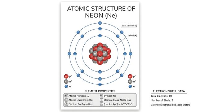 Atomic structure of neon (Ne) poster showing 2‑8 electron arrangement around a central nucleus, with side panels listing atomic number, mass, configuration, group, period, stable isotopes and brief el