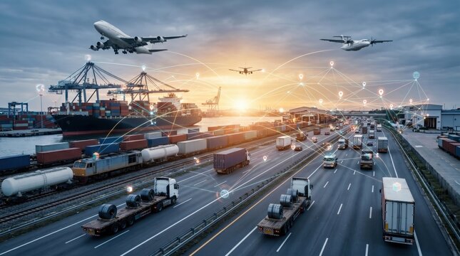 Global logistics and supply chain management concept, busy highway with trucks, cargo ships at port, airplanes flying overhead