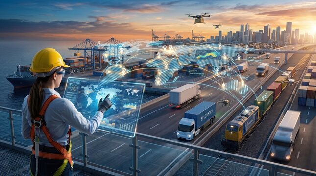 Logistics manager monitoring supply chain with augmented reality, smart port operations, container shipping tracking, drone delivery, transportation network