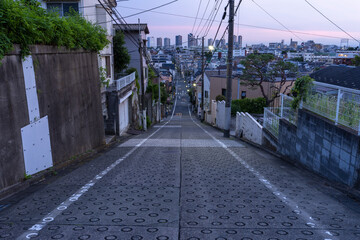 Fototapeta premium 東京都大田区東雪谷の坂道から望む武蔵小杉のタワーマンション夜景 Night View of Musashi-Kosugi Tower Apartments from a Residential Slope in Higashiyukigaya, Tokyo