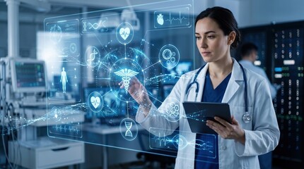 Obraz premium Female doctor interacting with advanced medical hologram displaying DNA, heart rate and health data in modern hospital, digital healthcare innovation