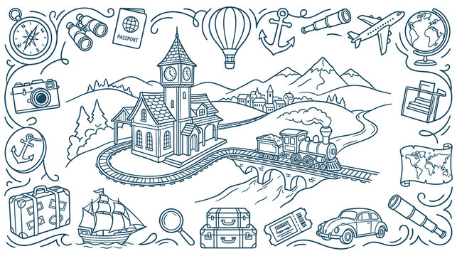 Travel doodle set with vintage building and transport line art elements.