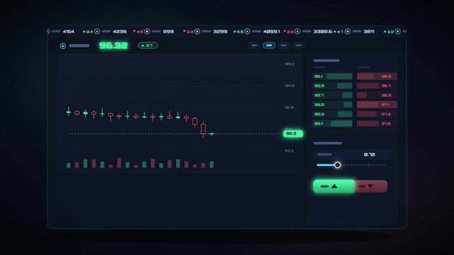 Animated stock trading platform interface with candlestick chart order book and buy sell controls