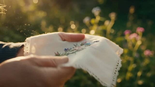 Hands showing delicate floral needlework embroidery on linen fabric with vintage lace edge in natural sunlight, perfect for craft and heritage content.
