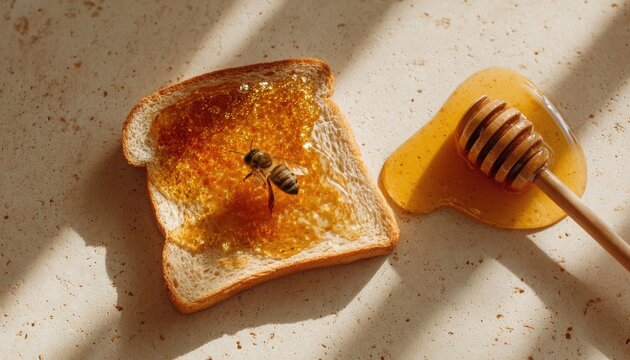 A piece of toast with honey dripping over the side, a bee crawling near it, breakfast concept, top-down view, warm morning light, food photography