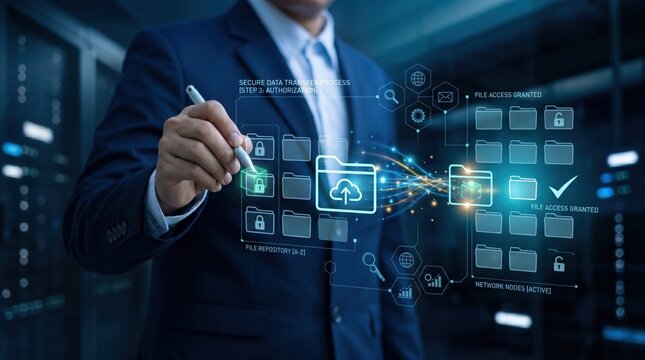 Secure cloud data transfer process with file repository management and network authorization icons on digital interface for cybersecurity concept.