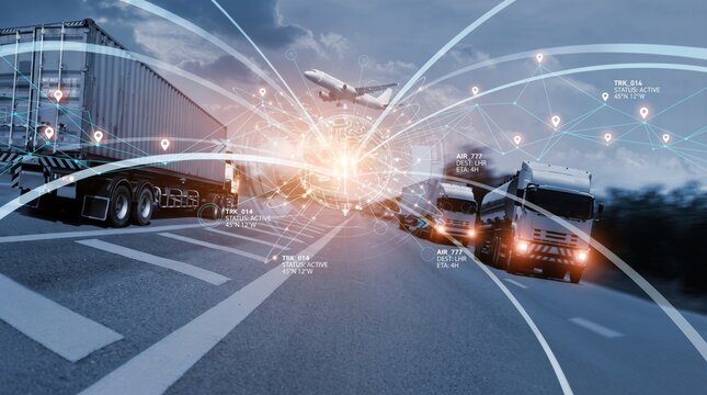 Smart logistics supply chain tracking system showing connected trucks and cargo planes with real-time GPS location data on global network map.