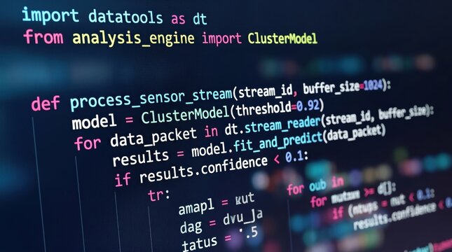 Python programming code on computer screen showing data analysis script, software development concept, machine learning algorithm implementation, cluster model training