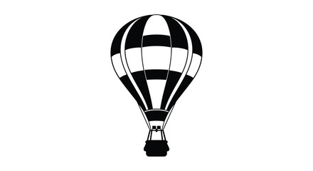 Naklejka premium Simple black and white silhouette of a hot air balloon with a passenger basket, isolated on a clean white background.
