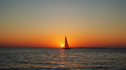 Fototapeta premium Sailboat sunset silhouette on calm sea with warm orange sky