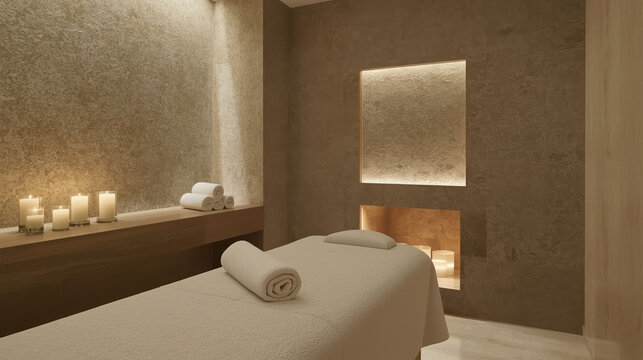 Luxury spa treatment room minimalist stone interior warm candlelight serene massage bed