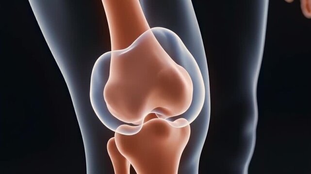 knee joint close-up front view as cartilage layers form between bone surfaces in isolated space, illustrating joint cushioning, orthopedic structure, mobility support and medical visualization