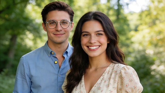 Portrait of happy young couple smiling at camera standing together outdoors in green nature park, romantic relationship and love lifestyle concept during summer day.