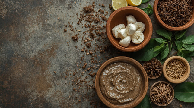Natural mud therapy treatment setup with clay bowls garlic lemon and herbs soothing spa scene