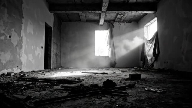 Black and white shot of an abandoned, dusty room with daylight streaming through the windows