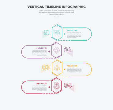 timeline vertical concept infographic outline style with 4 point template with tall hexagon badge with outline round container on opposite position for slide presentation