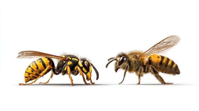A side profile of a wasp vs a bee side-by-side comparison chart, educational reference, isolated on white background, sharp detail