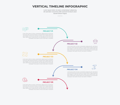 timeline vertical concept infographic outline style with 5 point template with simple curve arrow line pointer opposite direction vertical stack for slide presentation