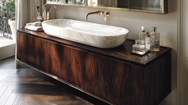 Upscale bathroom vanity featuring a natural stone vessel sink atop dark wood cabinetry