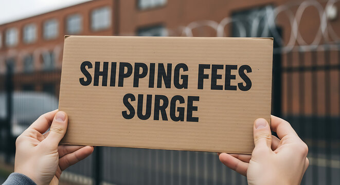 A person holding a cardboard sign that says shipping fees surge in front of a warehouse.